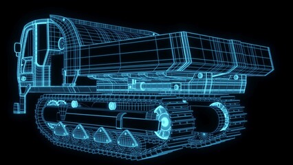 3D rendering illustration excavator blueprint glowing neon hologram futuristic show technology security for premium product business finance  