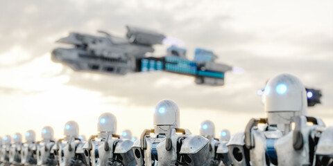 Crowd of robots standing in cyberspace under UFO. 3d render