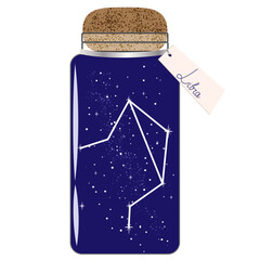 Glass jar with zodiac constellations. Libra on the night sky. Collect moments. Jar with tag for horoscope