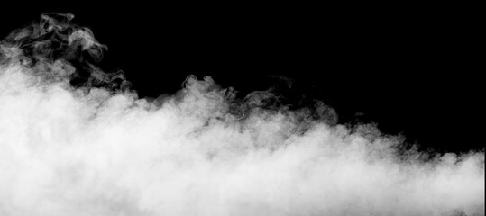 Fototapeta na wymiar Abstract white puffs of smoke swirls overlay on black background pollution. Royalty high-quality free stock photo image of abstract smoke overlays on black background. White smoke explosion 