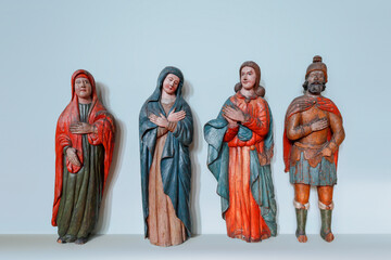 The Moth?? of god Sts John The Evangelist Mary Magdaline and centurion longinus, wooden sculptures 17th century. Russia, Perm
