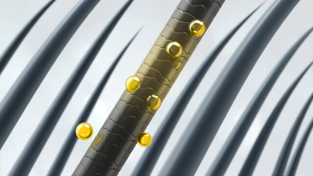Nourish hair of shampoo or serum. Repair damaged hair concept, 3d animation
