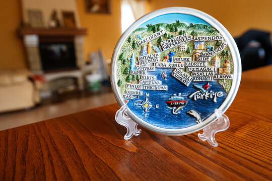 Turkey souvenir plate on a stand at home.