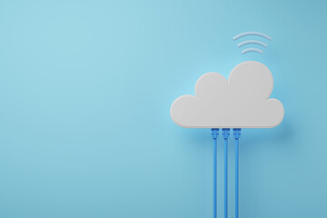 Cloud computing technology concept background, white cloud connect with network cable, 3d rendering. - obrazy, fototapety, plakaty
