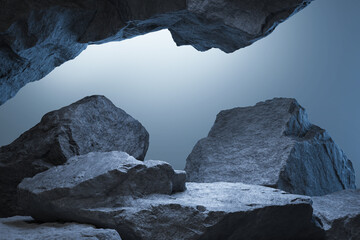 blue geometric Stone and Rock shape background, minimalist mockup for podium display or showcase, 3d rendering.