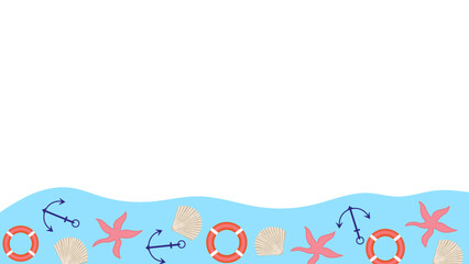 Background, template with marine elements (shell, starfish, lifebuoy, anchor). Vector illustration