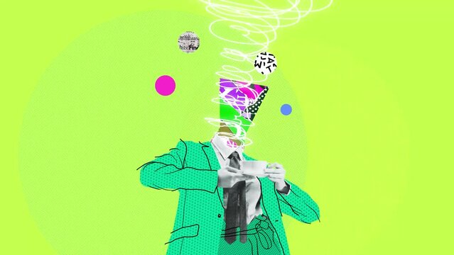 Stop motion, animation. Morning coffee makes things better. Comics style bright suit. Modern design. Inspiration, idea. Trendy urban magazine style. Negative space to insert your text or ad