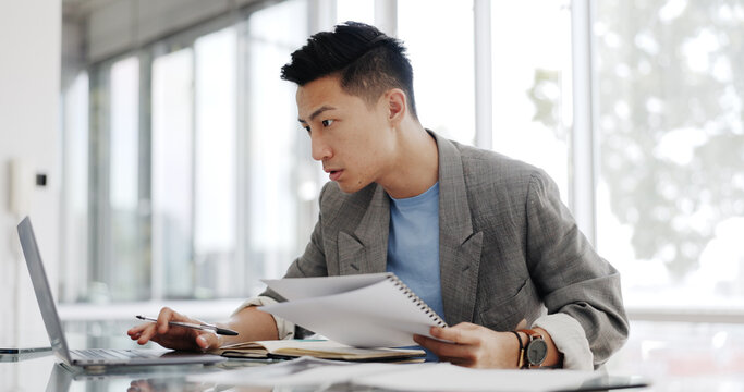 Businessman, Writing Report And Documents With Business Plan Proposal In Conference Room And Company Strategy In Japan. Employee Focus, Asian Man Working With Notes And Pen, Development And Growth