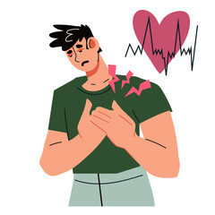 Man with heart pain pressing his hands to chest, flat vector illustration Isolated on white background. Health problems and heart disease. Heart attack or stroke symptoms, heartache.