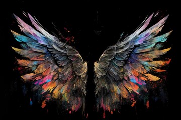 on a black background, angel wings painted with bright colors Generative AI