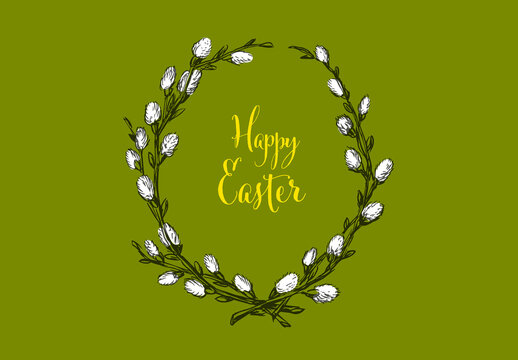 Happy Easter hand drawn ink card template with catkin spray drawing on green background