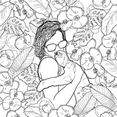 Antistress coloring page. A cute girl with pigtails and braids in her hair carefully holds a sloth near the blooming flowers and tropical leaves. Isolated on white. For printing, clothes, icon, logo