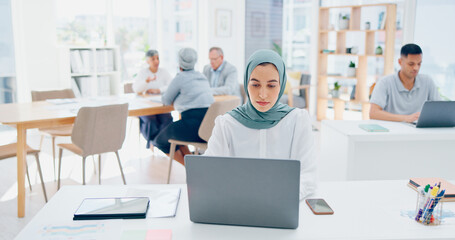 Fototapeta na wymiar Creative muslim woman, laptop and web design in marketing, advertising or branding startup at the office. Woman employee designer with hijab working on market strategy or design on computer at work