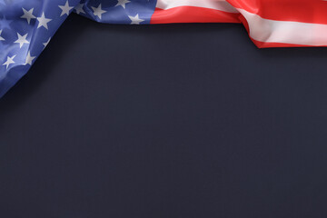 American flag on blue navy background. View from above. Copy space.