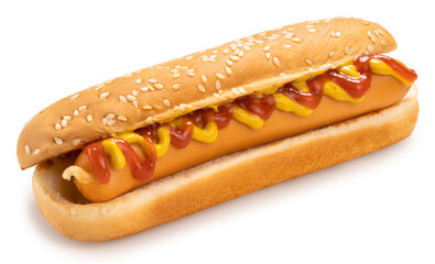 Hot Dog with ketchup and mustard sauce isolated on white, Fresh Hot Dog Isolated on White...