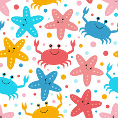 Seamless pattern with cute cartoon crabs, starfishes and bubbles. Colorful endless background with sea smiling characters. Underwater world. 
