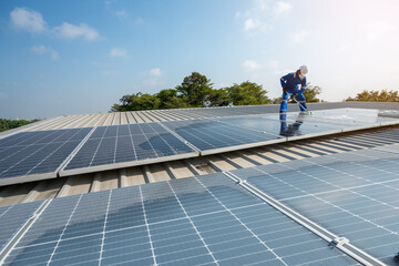 Technician using a mop and water to clean the solar panels that are dirty with dust and birds'...