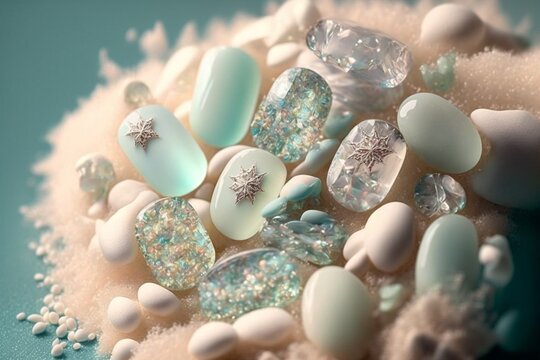 夏の砂浜で取れたシーグラス きれいなアクセサリーパーツのイラスト Generative AI