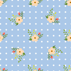 Seamless flower pattern. Flat botanical ornament with minimalistic elements in soft palette. Simple vector repeating texture. Modern swatch.