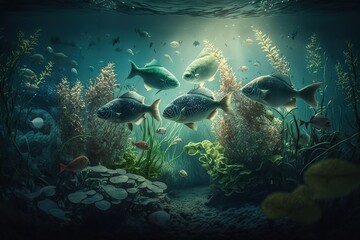 Fototapeta na wymiar Underwater sea landscape with fishes, corals, marine plants and animals. Generative Ai art. Illustration of tropical ocean ore lake bottom scene with seaweed, aquatic fauna 