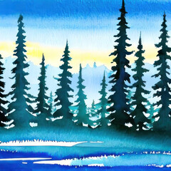 Pine forest in the morning, illustration in watercolor painting style. AI generative.
