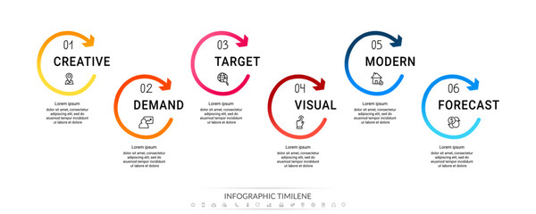 Naklejka premium Modern and simple flat vector illustration. Infographic template with six circles, elements, sectors and arrows. Designed for business, presentations, web design, interface 6 step diagrams