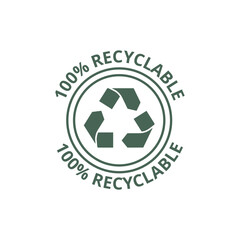 100% recycled sign or logo. Recyclable material symbol. Eco friendly concept. Recycled product label
