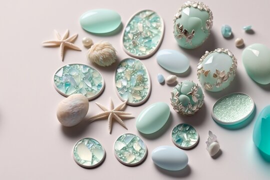 夏の砂浜で取れた貝殻とシーグラス きれいなアクセサリーパーツのイラスト Generative AI