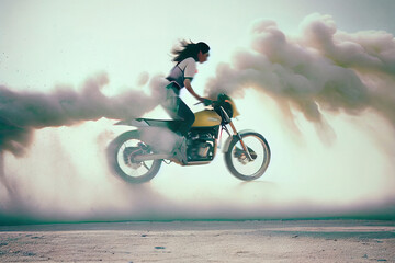 Female motorcyclist in dynamic action, driving a bike in desert area with coloreful smoke on the background. Not an actual real person.
Digitally generated AI image.