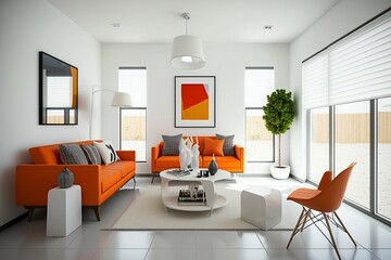 A minimalist living room with clean lines, featuring pops of bold orange, neutral colors, and simple decor