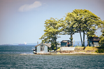 Beautiful scenery of Thousand Islands National Park, house on the river, Ontario, Canada