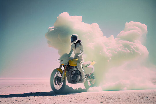 Female motorcyclist in dynamic action, driving a bike in desert area with coloreful smoke on the background. Not an actual real person.
Digitally generated AI image.