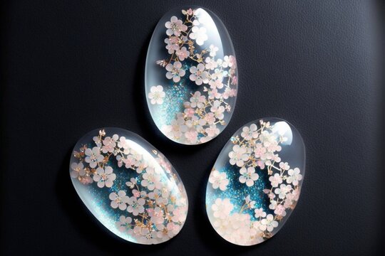 夜桜のレジンジュエリー 透明な桜の装飾品 きれいなアクセサリーパーツのイラスト Generative AI