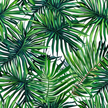 Tropical leaves on a white background, watercolor. AI generated.