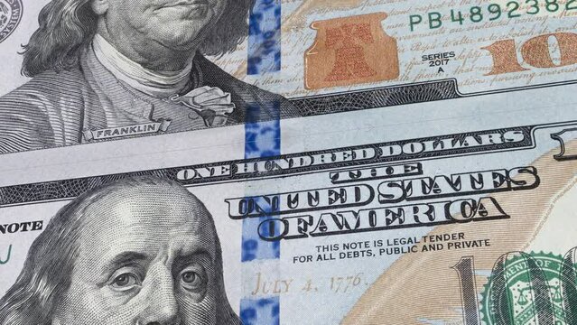American 100 dollar banknote moving down. Business and Finance concepts. Seamless loopable animation.