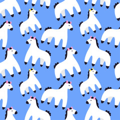 Cartoon white horses pattern on a blue background. 