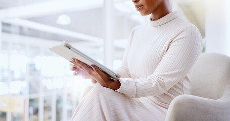 Corporate, tablet or black woman with connection, content marketing or online reading in workplace....