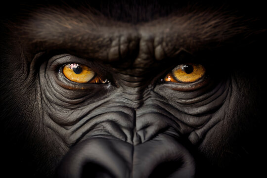 A close up of a gorilla's face, with its eyes looking directly at the camera - Generative AI
