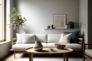 A lounge area with a neutral color palette and simple decor, with a comfortable sofa