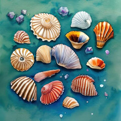 Seashells, watercolor. AI generated.