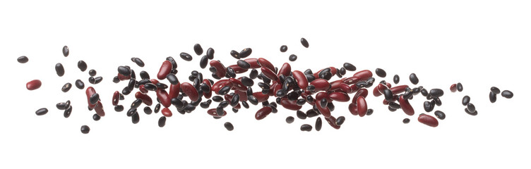 Mix black red beans fall down explosion, several kind bean float explode, abstract cloud fly. Dried red black mixed beans splash throwing in Air. White background Isolated high speed shutter, freeze