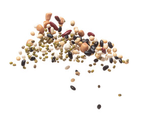 Mix beans fall down explosion, several kind bean float explode. Dried mixed white green red soy black peanut beans splash throwing in Air. White background Isolated high speed shutter, freeze