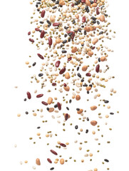 Mix beans fall down explosion, several kind bean float explode, pouring down. Dried mixed white green red soy black peanut beans splash throwing in Air. White background Isolated high speed shutter
