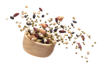 Mix beans fall down explosion, several kind bean float explode in wooden bowl. Dried white green...
