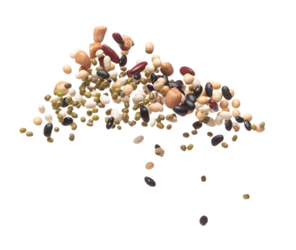 Mix beans fall down explosion, several kind bean float explode. Dried mixed white green red soy black peanut beans splash throwing in Air. White background Isolated high speed shutter, freeze