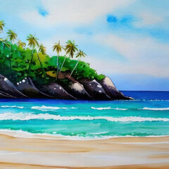 Obraz na płótnie Canvas Beach with palm trees and rocks, watercolor. AI generated.
