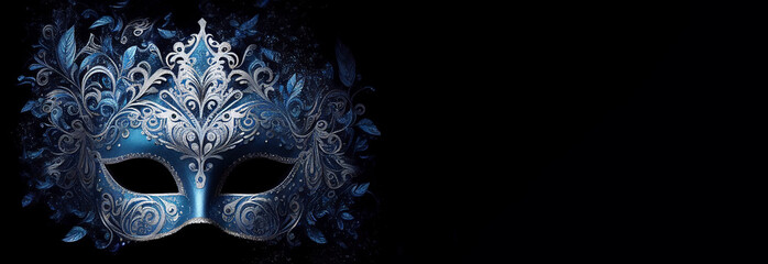 Blue carnival venetian mask with silver decoration on black background with copy space. Illustration AI