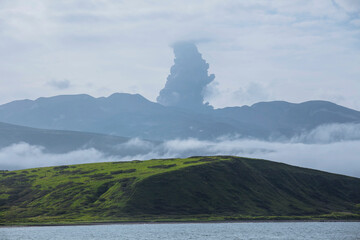 Volcano Ebeko explosion on Paramushir Island, Severo-Kurilsk Island, Russia