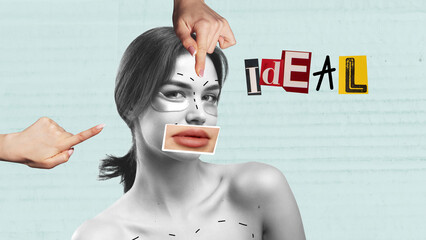 Contemporary art collage. Modern beauty standards. Young woman doing face injections, botox, lip augmentation and face lifting
