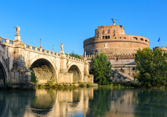 Castle of Holy Angel (Castel Sant'Angelo) and St. Angel bridge (Ponte Sant'Angelo) over Tiber river in Rome, Italy
